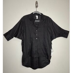 Si-Iae‎ Black Linen Shirt Small Oversized Button Up Dolman Sleeve Coastal